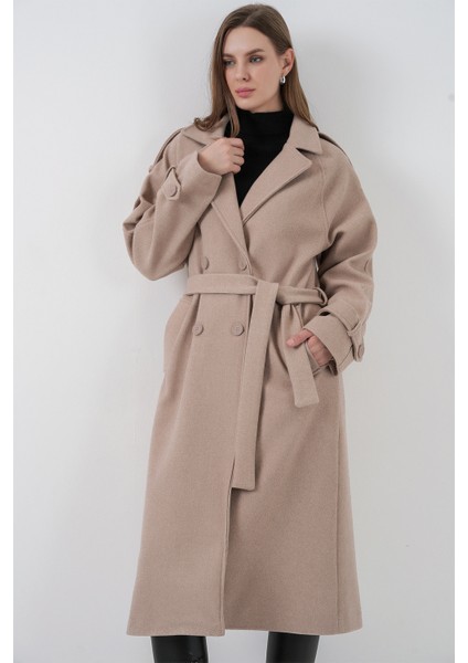 Kadın Kuşaklı Kaşe Kaban 9161 - Bej fırsatları