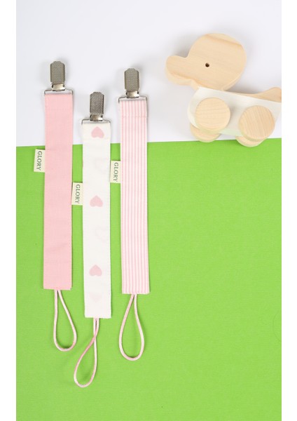 3'lü Set Emzik Askısı - Emzik Zinciri - Emzik Tutacağı - %100 Pamuk - Pudra Pembe Desenli