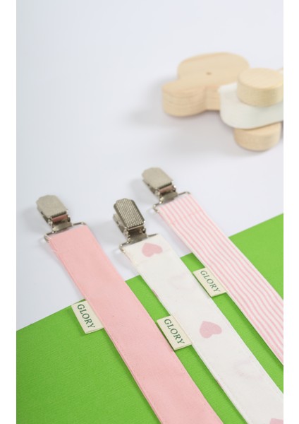 3'lü Set Emzik Askısı - Emzik Zinciri - Emzik Tutacağı - %100 Pamuk - Pudra Pembe Desenli fiyatları