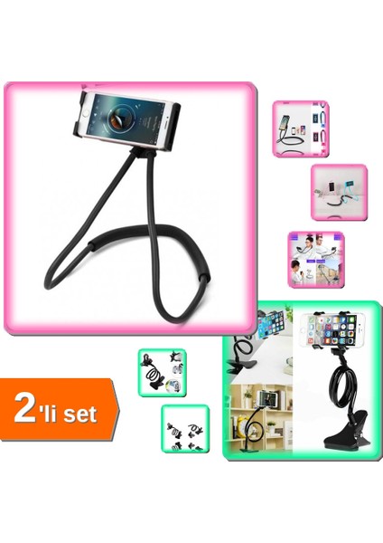 Boyun Telefon Tutucu + Akrobat Telefon Tutucu Spiral Gövdeli Telefon Tutucu - 2li Set M6A7Y9