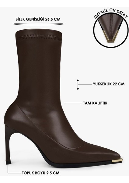 Kadın Belin Kahve Cilt Önü Metal Detaylı Streç Topuklu Bot modelleri