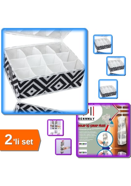 12 Bölmeli Pratik Çekmece Düzenleyici + Dolap Içi Asılabilir Temiz Çorap Filesi - 2li Set M2W3T6