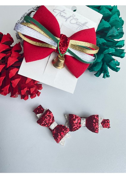 Kırmızı Fiyonklu Yılbaşı Özel Tasarım 3’lü Klips Toka Seti