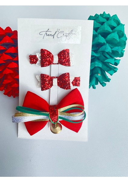 Kırmızı Fiyonklu Yılbaşı Özel Tasarım 3’lü Klips Toka Seti fiyatları