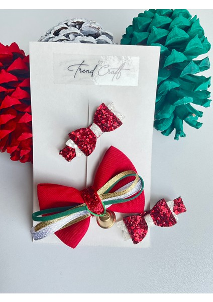 Kırmızı Fiyonklu Yılbaşı Özel Tasarım 3’lü Klips Toka Seti