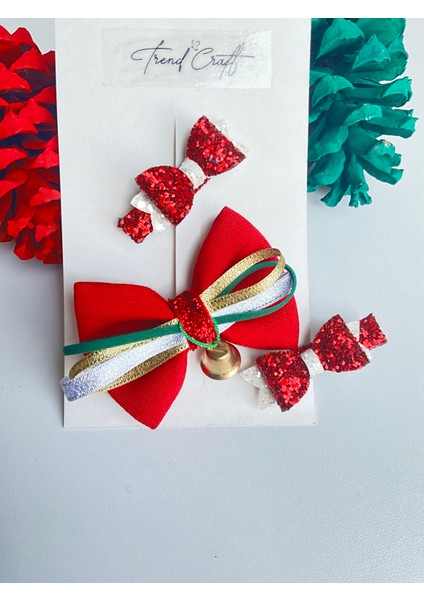 Kırmızı Fiyonklu Yılbaşı Özel Tasarım 3’lü Klips Toka Seti