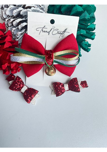 Kırmızı Fiyonklu Yılbaşı Özel Tasarım 3’lü Klips Toka Seti