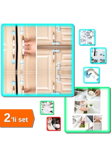 2 Adet Geçmeli Çocuk Koruma Kilidi + Su Sızdırmaz Bant Lavabo Küvet Kenar - 2li Set X5S9D8