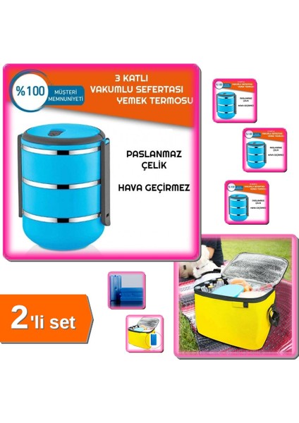 3 Katlı Sefer Tası Yemek Termosu Mavi + Termos Çanta Piknik Çantası 24LT - 2li Set G6B5D7