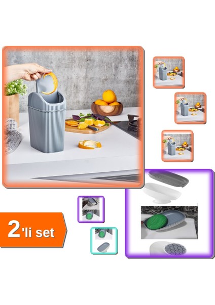Döner Kapaklı Mini Çöp Kovası 2.5 Lt Gri + Çift Kademeli Lotus Sabunluk Vantuzlu Drenaj - 2li Set R2L9L3