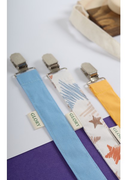 3'lü Set Emzik Askısı - Emzik Zinciri - Emzik Tutacağı - %100 Pamuk - Mavi, Yıldız Desen, Sarı fiyatları