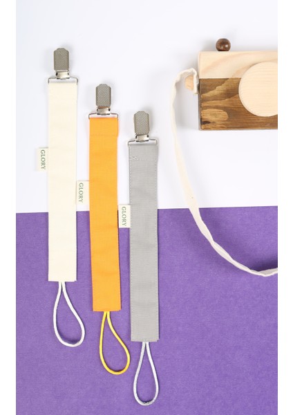 3'lü Set Emzik Askısı - Emzik Zinciri - Emzik Tutacağı - %100 Pamuk - Ekru, Turuncu, Gri