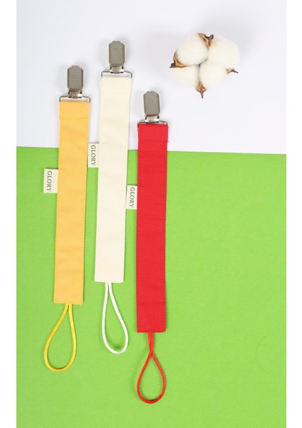 3'lü Set Emzik Askısı - Emzik Zinciri - Emzik Tutacağı - %100 Pamuk - Sarı, Ekru, Kırmızı