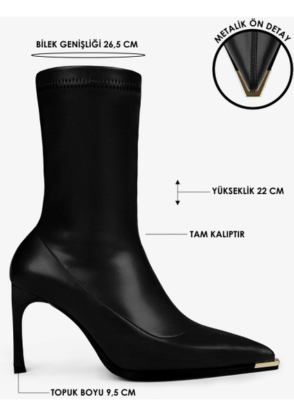 Kadın Belin Siyah Cilt Önü Metal Detaylı Streç Topuklu Bot modelleri