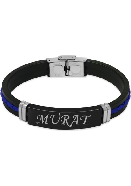 Silikon Kordonlu Siyah Çelik Plakalı Mavi Ip Detaylı Isme Özel Yazılı Erkek Bileklik