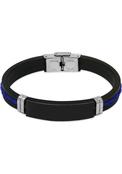Silikon Kordonlu Siyah Çelik Plakalı Mavi Ip Detaylı Isme Özel Yazılı Erkek Bileklik fiyatları
