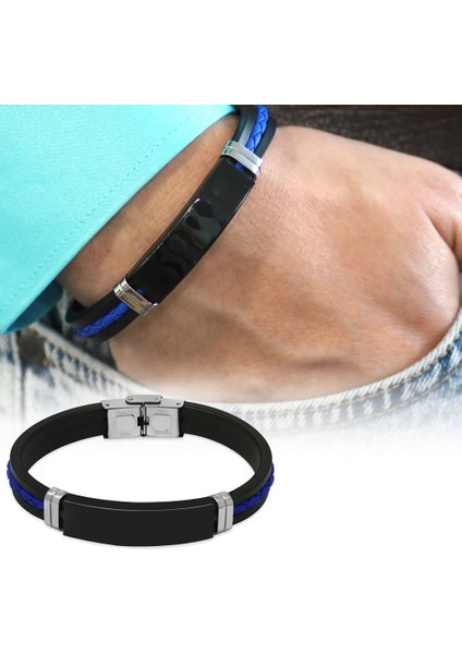 Silikon Kordonlu Siyah Çelik Plakalı Mavi Ip Detaylı Isme Özel Yazılı Erkek Bileklik modelleri