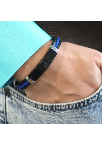 Silikon Kordonlu Siyah Çelik Plakalı Mavi Ip Detaylı Isme Özel Yazılı Erkek Bileklik fırsatları