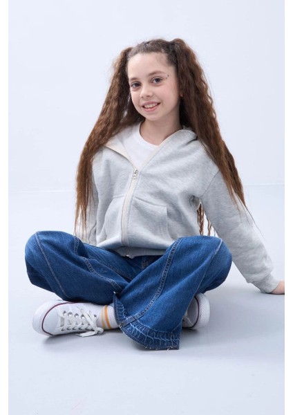 Kız Çocuk Kapüşonlu Kanguru Çepli Tam Fermuarlı Hırka Sweatshirt - Gri