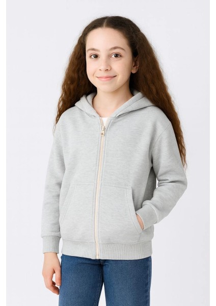 Kız Çocuk Kapüşonlu Kanguru Çepli Tam Fermuarlı Hırka Sweatshirt - Gri modelleri