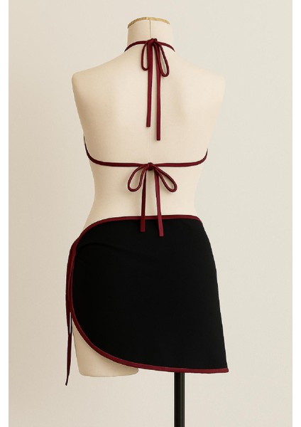 Venüsshopping- Kadın Bordo Siyah Pareolu Yandan ve Boyundan Bağlamalı 3'lü Bikini Takımı modelleri