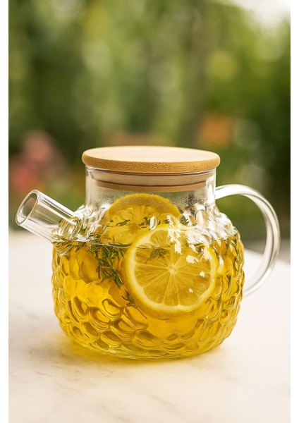 Estetik ve Fonksiyonel - Kabartmalı Borosilikat Cam Demlik (Bambu Kapaklı) -1000 ml