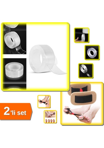 2 Metre x 3 cm Şeffaf Güçlü Nano Bant + Ayak Baş Parmak Düzeltici Lastik - 2li Set F9V2W7