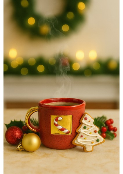 Yılbaşı Şekerli Kırmızı Seramik Fincan