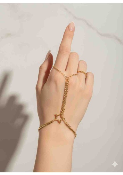 ​🌟 Gold Rengi Çelik Yıldız Detaylı Şahmeran (El Zinciri)