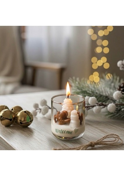 Yılbaşı Temalı Dekoratif Cam Bardak Mum | Kurabiye Adam & Kar Ağacı Figürlü Kokulu Soya Mum
