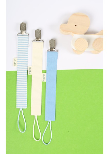 3'lü Set Emzik Askısı - Emzik Zinciri - Emzik Tutacağı - %100 Pamuk - Mavi Çizgili, Ekru, Mavi