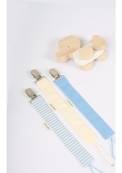 3'lü Set Emzik Askısı - Emzik Zinciri - Emzik Tutacağı - %100 Pamuk - Mavi Çizgili, Ekru, Mavi fiyatları