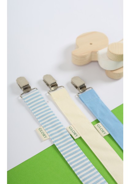 3'lü Set Emzik Askısı - Emzik Zinciri - Emzik Tutacağı - %100 Pamuk - Mavi Çizgili, Ekru, Mavi modelleri