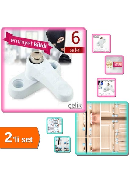 6 Adet Pvc Kapı Pencere Emniyet Kilidi Çelik + 2 Adet Geçmeli Çocuk Koruma Kilidi - 2li Set Y2Q2Q7