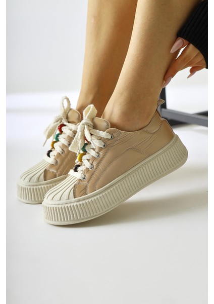 Chinda Krem Paraşüt Kumaş Boncuk Detaylı Snakers modelleri