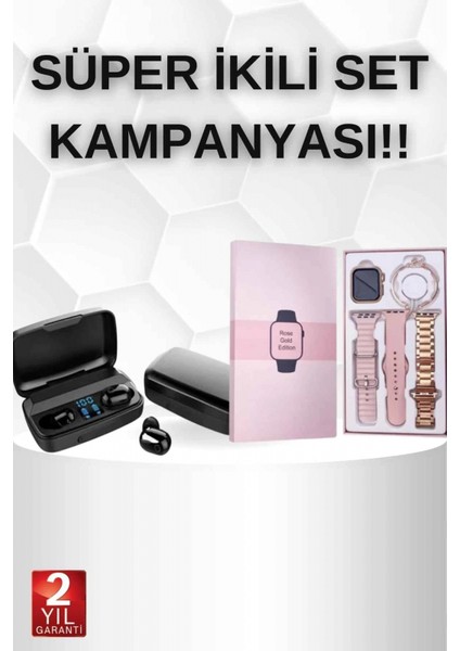 Wireless Şarjlı Pembe Akıllı Saat ve Kablosuz Bluetooth Kulaklık Dokunmatik Kontrol