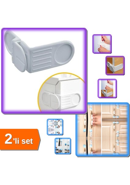 2 Adet Kendiliğinde Yapışkanlı Vidasız Köşe Kapak Kilidi + 2 Adet Çocuk Koruma Kilidi - 2li Set L1N3