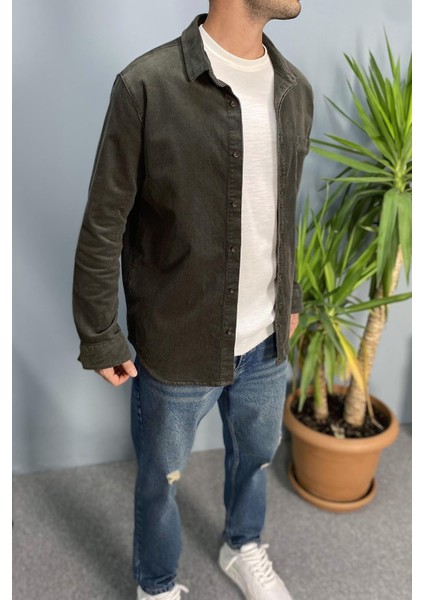 Cepli Uzun Kol Haki Fitilli Kadife Gömlek modelleri