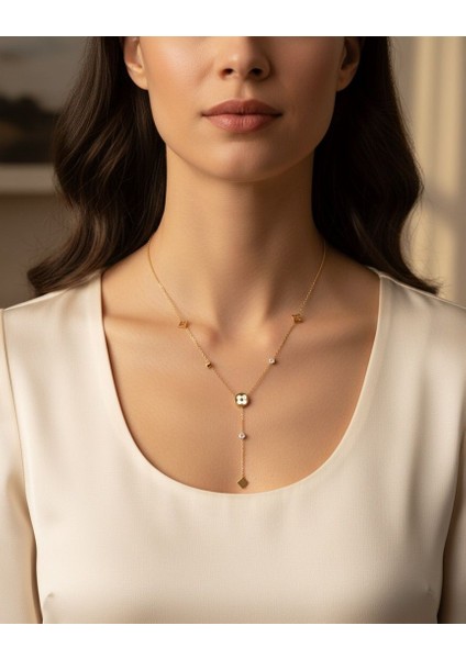 Minimalist Yonca Detaylı Y Kolye