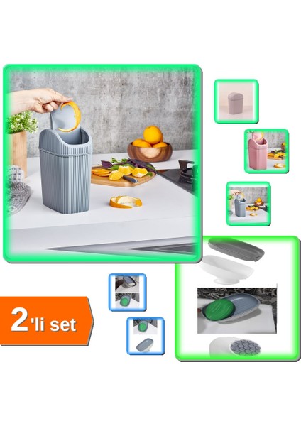 Döner Kapaklı Çöp Kovası 2.5 Lt + Çift Kademeli Lotus Sabunluk - 2li Set U2P9L7