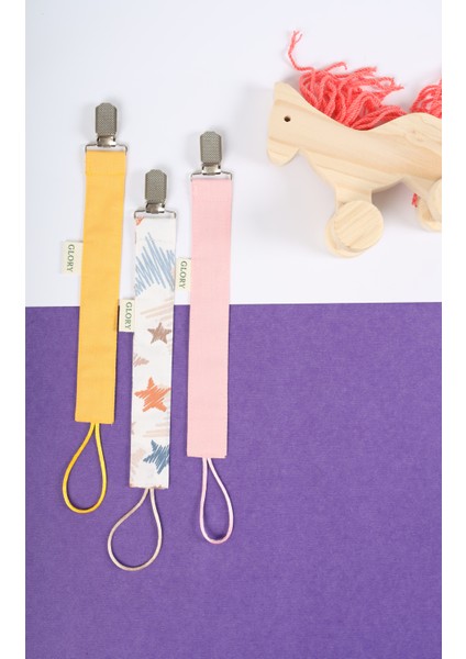 3'lü Set Emzik Askısı - Emzik Zinciri - Emzik Tutacağı - %100 Pamuk - Sarı, Yıldız Desenli, Pembe