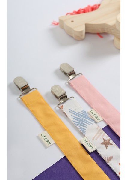 3'lü Set Emzik Askısı - Emzik Zinciri - Emzik Tutacağı - %100 Pamuk - Sarı, Yıldız Desenli, Pembe fiyatları