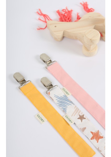 3'lü Set Emzik Askısı - Emzik Zinciri - Emzik Tutacağı - %100 Pamuk - Sarı, Yıldız Desenli, Pembe modelleri