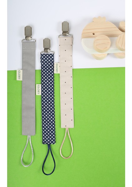 3'lü Set Emzik Askısı - Emzik Zinciri - Emzik Tutacağı - %100 Pamuk - Gri, Lacivert Puanlı, Kahve