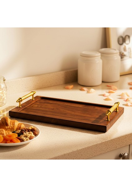 Tray - Metal Kulplu Ahşap Tepsi Sunum Tepsisi Kahve Servis Tepsisi