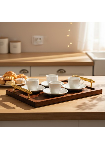 Tray - Metal Kulplu Ahşap Tepsi Sunum Tepsisi Kahve Servis Tepsisi fiyatları