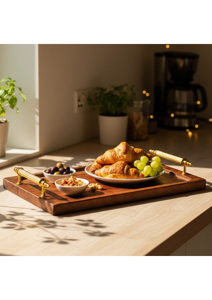 Tray - Metal Kulplu Ahşap Tepsi Sunum Tepsisi Kahve Servis Tepsisi modelleri