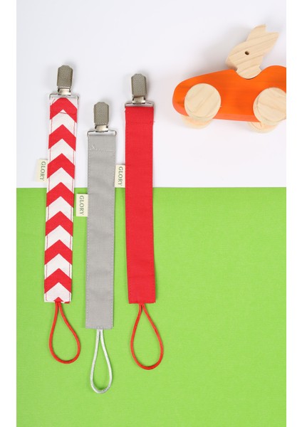3'lü Set Emzik Askısı - Emzik Zinciri - Emzik Tutacağı - %100 Pamuk - Kırmızı, Gri, Kırmızı Şerit