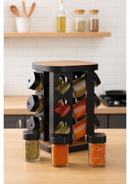 12’li Döner Baharatlık Seti – Cam Kavanozlu, Ahşap Desenli Kapaklı, Şık ve Modern Mutfak Standı fiyatları