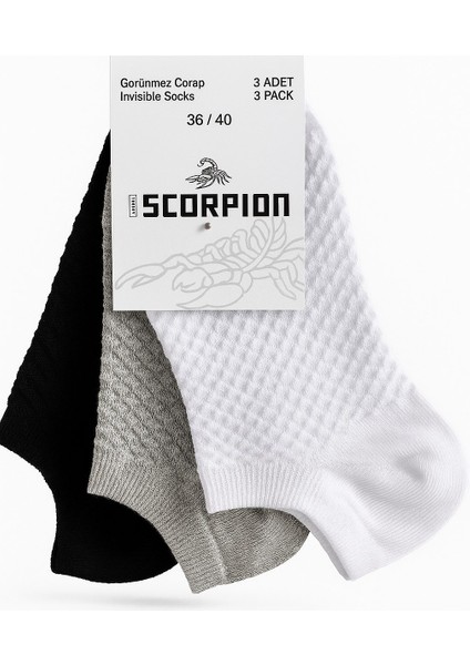 Kadın Görünmez Çorap 3’lü Set – Pamuklu, Esnek, File Dokulu (Siyah Gri Beyaz)